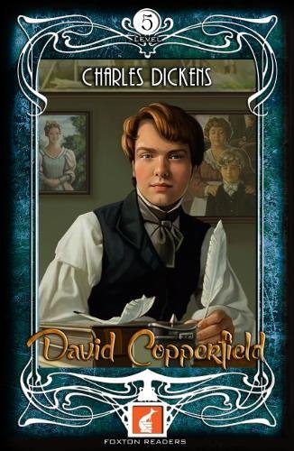 Book cover for “David Copperfield” featuring a young man with a book.