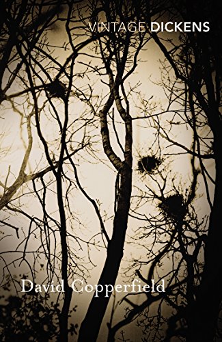 Book cover of "David Copperfield" with silhouetted trees and nests.