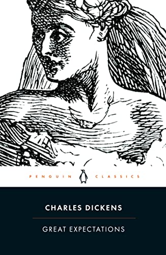 Book cover of “Great Expectations” with illustration of a woman and waves.