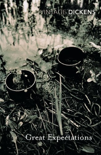 Book cover: "Great Expectations" by Charles Dickens, featuring pots and marshland.