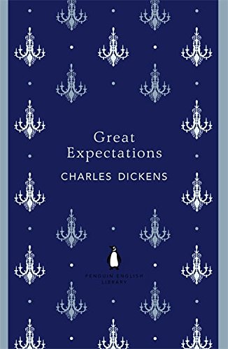 "Book cover of 'Great Expectations' by Charles Dickens, dark blue with candelabra pattern."