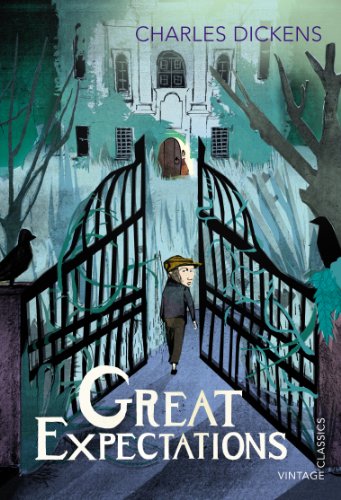 Book cover for “Great Expectations” depicting a boy near imposing gates.