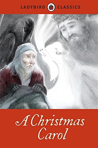 Book cover for “A Christmas Carol” featuring Scrooge and ghostly figures.