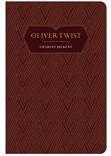Book cover for Oliver Twist by Charles Dickens with a geometric red patterned background.