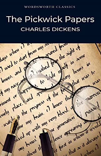 Book cover for The Pickwick Papers featuring handwritten text, spectacles, and a fountain pen.