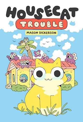 Yellow cat sits before a house covered in small, colorful monsters.