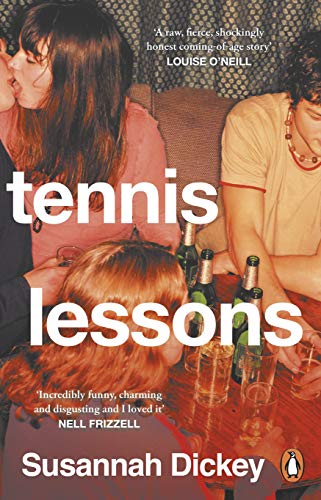 Book cover for "Tennis Lessons" by Susannah Dickey, showing people socializing.
