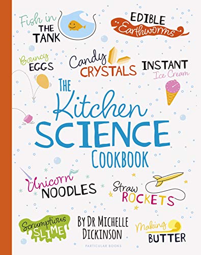 Book cover: "The Kitchen Science Cookbook" with colorful illustrations of food experiments.