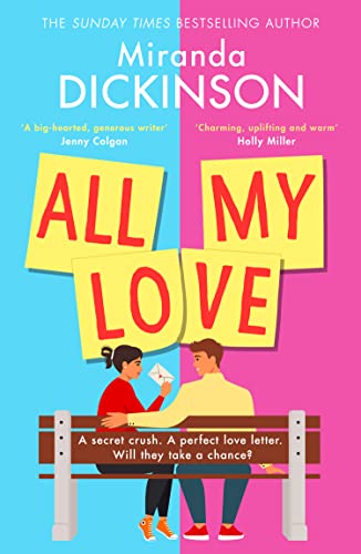 Book cover: couple on a bench with scattered yellow notes, pink and blue background.