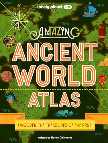 Children’s atlas cover with illustrated ancient world map and artifacts.