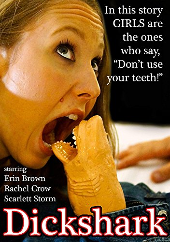 A woman with an open mouth looks at a toy shark emerging from denim jeans.