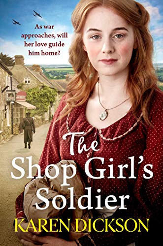 Book cover: woman in red dress, village scene, wartime setting.