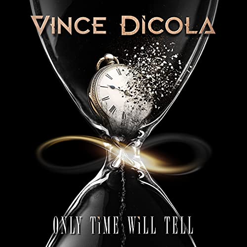 An hourglass contains a pocket watch disintegrating into particles against a black background.