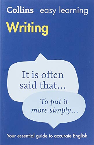 Blue book cover titled Collins Easy Learning Writing with speech bubbles containing sample text.