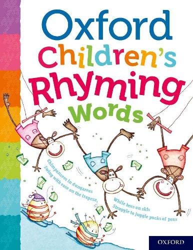 Book cover for Oxford Children's Rhyming Words featuring cartoon monkeys on trapezes and skiing bees.