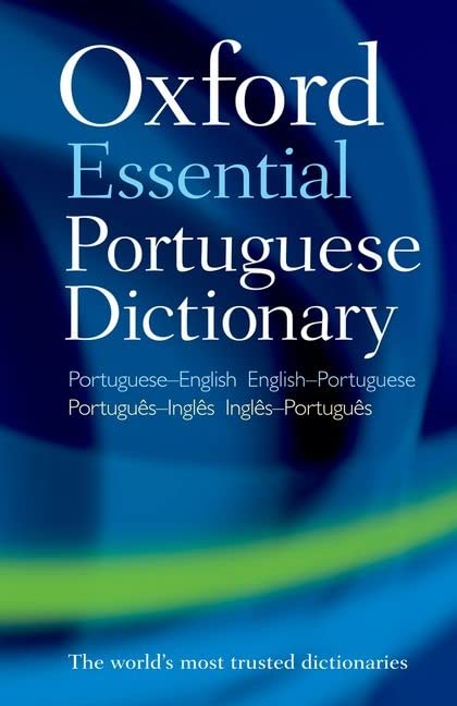 Cover of the Oxford Essential Portuguese Dictionary with white text on a blue background.