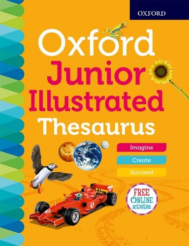 "Book cover with orange background, title 'Oxford Junior Illustrated Thesaurus', and various images."