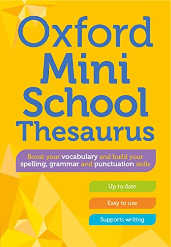 Cover of "Oxford Mini School Thesaurus" with bright yellow and blue text.