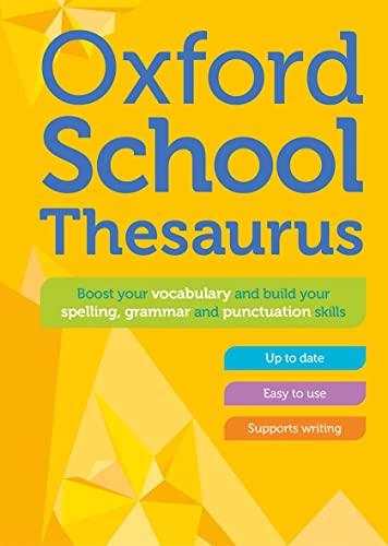Oxford School Thesaurus book cover with blue text on a bright yellow background.