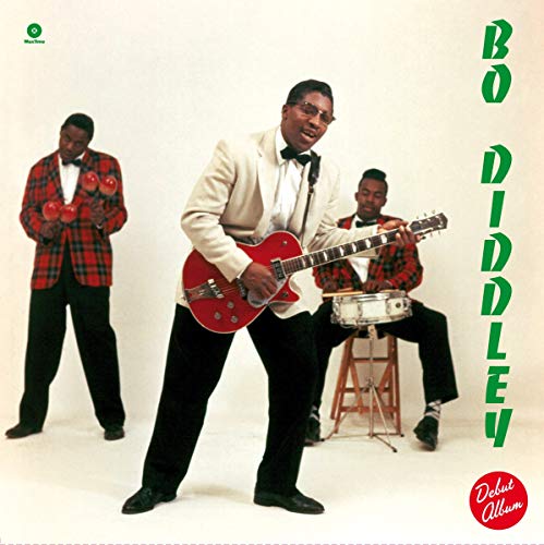 Bo Diddley album cover featuring the musician with bandmates and instruments.