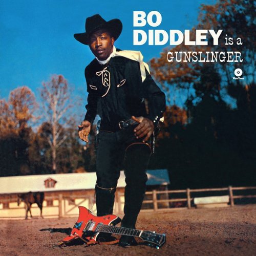 Bo Diddley in a cowboy outfit with a red guitar, album cover.