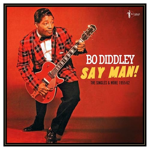 Bo Diddley album cover featuring the musician with a red guitar.