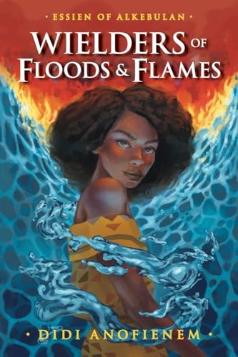 Book cover: woman with water and fire elements, dark hair.