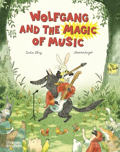 A wolf and a rabbit play electric guitars for an audience of forest animals.