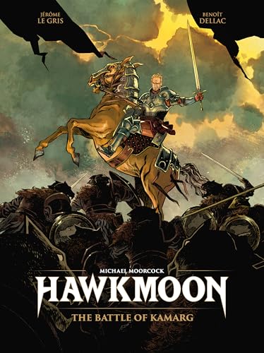 Knight on horseback with sword raised, amidst a chaotic battle scene.