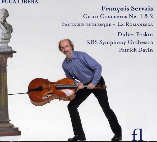 Cellist Didier Poskin with his instrument, album cover for Servais/Cello Concertos.