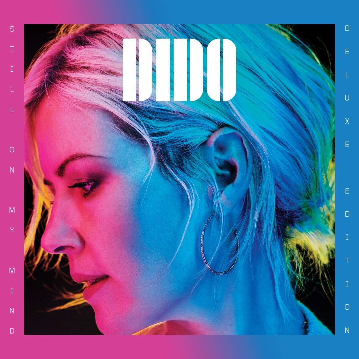 Album cover featuring a woman's face with neon blue and pink lighting.