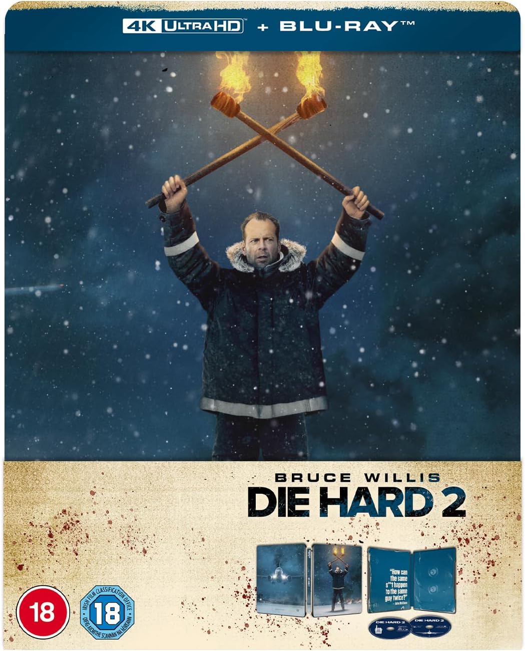Die Hard 2 SteelBook cover with Bruce Willis holding flaming torches.