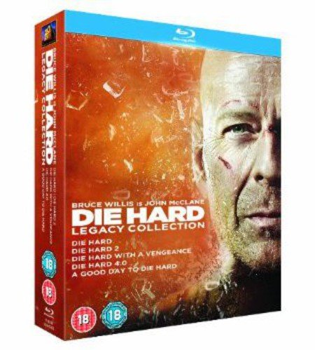 "Die Hard Legacy Collection Blu-ray box set with bruised Bruce Willis on the cover."