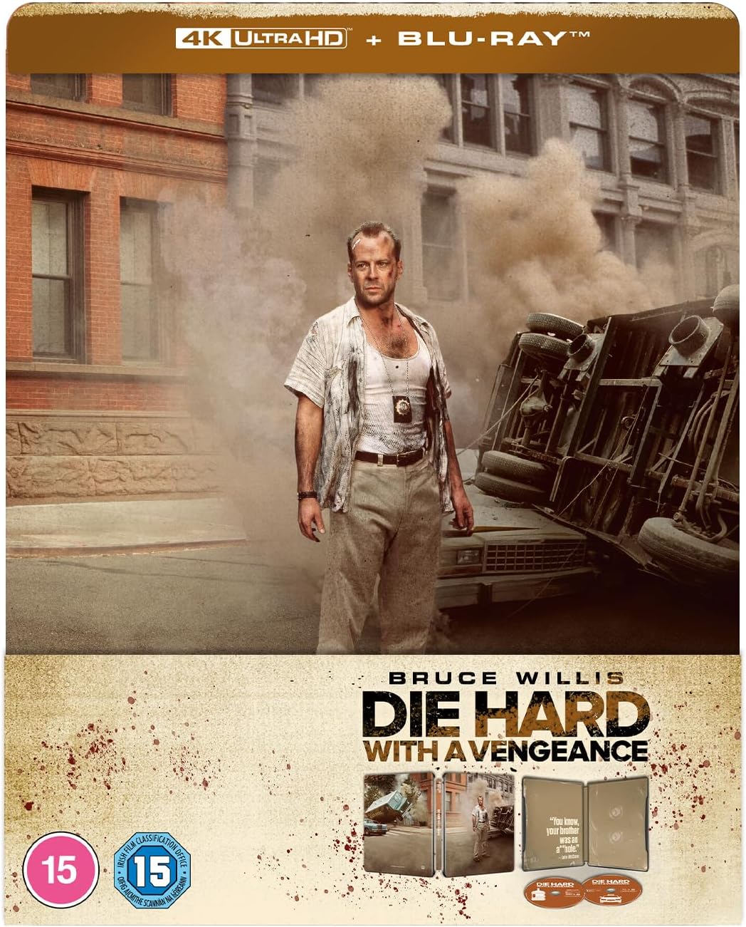 Die Hard with a Vengeance SteelBook cover featuring Bruce Willis, smoke, and wreckage.