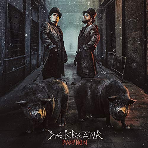 Album cover featuring two men in dark coats and three black pigs in an alleyway.