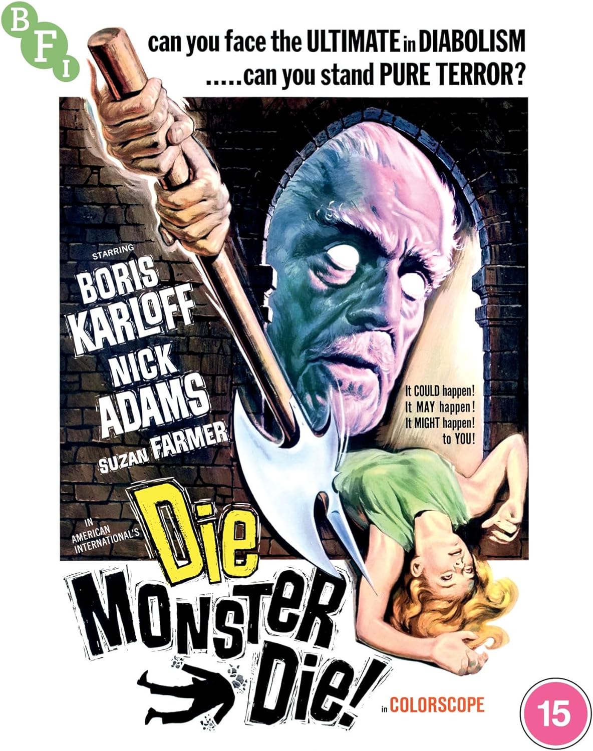 Vintage movie poster for "Die. Monster. Die!" featuring Boris Karloff.