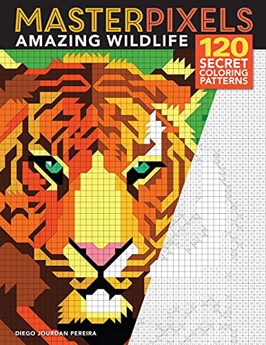 Pixelated tiger face on cover of "Masterpixels: Amazing Wildlife" coloring book.