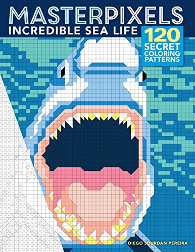 Pixelated shark face from a sea life coloring book.