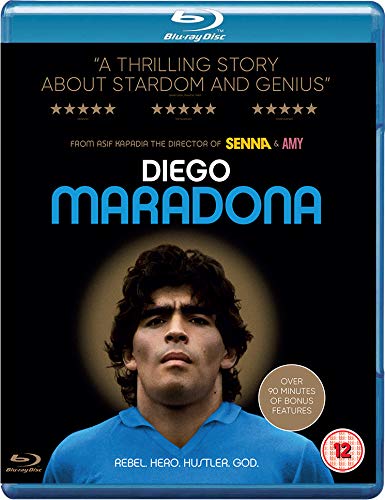 "Blu-ray case with Diego Maradona's image and title in blue and white text."
