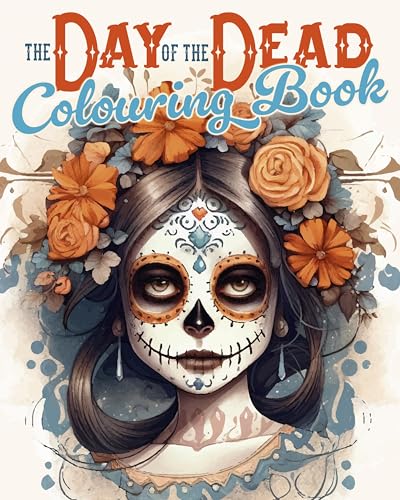 Day of the Dead colouring book cover with a sugar skull woman and flowers.