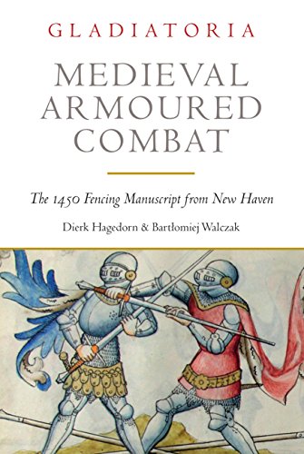 Book cover depicting two armored knights fencing with swords, manuscript illustration.