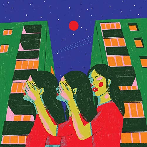 "Vinyl record cover featuring an illustration of three women in red shirts."