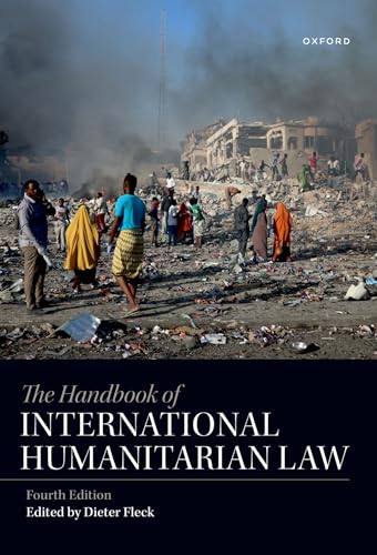 Book cover: “The Handbook of International Humanitarian Law” with a war-torn cityscape.
