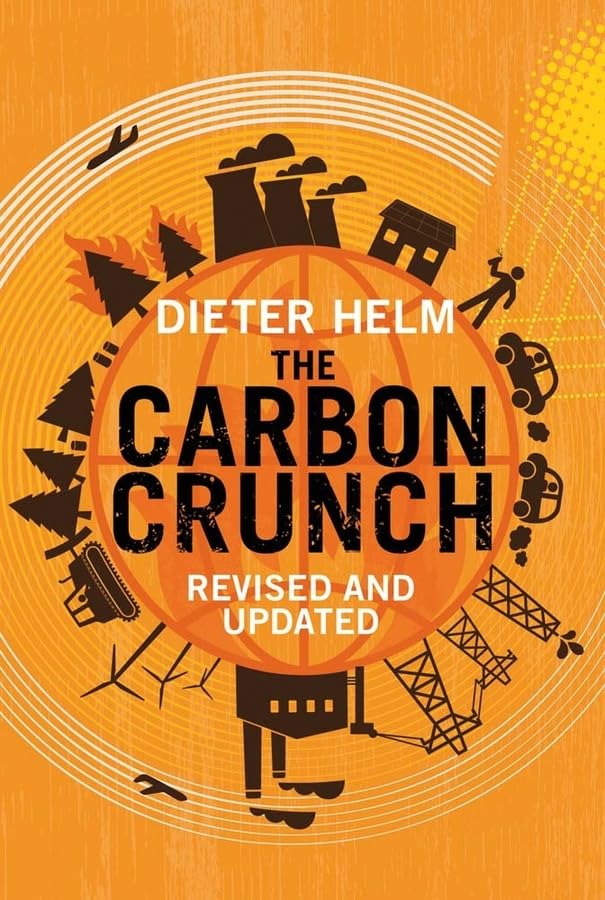 Book cover with orange background, dark icons, and bold title: "The Carbon Crunch.