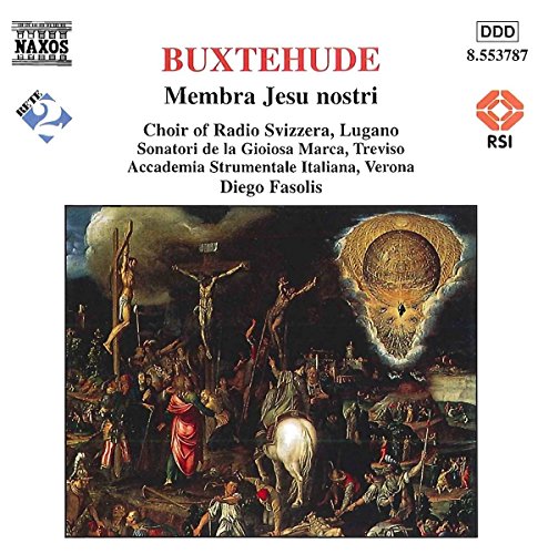 "Album cover with crucifixion scene painting and text 'Buxtehude Membra Jesu nostri'."