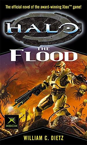 Book cover for "Halo: The Flood" featuring a soldier and alien forms.