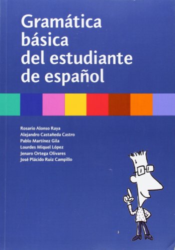 Blue textbook cover with white text and a cartoon figure pointing.