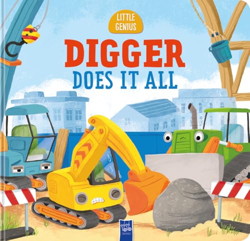 Colorful children’s book cover featuring cartoon construction vehicles and a digger.
