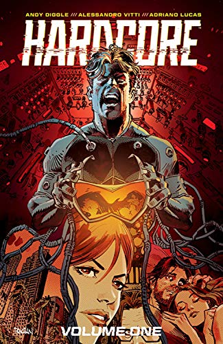 Comic book cover: man with robotic parts, woman looking up, action scene.