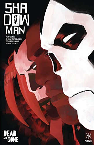 Comic book cover: Shadowman with a red-haired woman, stark white mask.
